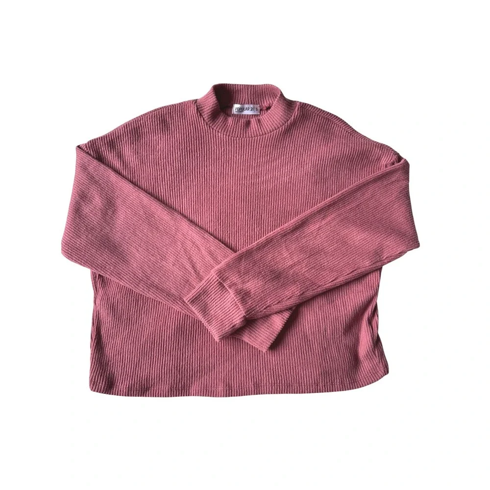 Popular 21 Chic Minimalist Ribbed Mock Neck Sweater Pullover Top Pink Size Small